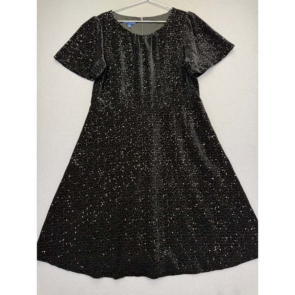 RSVP by Talbots Black Velvet Sequin Flutter Sleeve A-Line Dress Size 14 Holiday